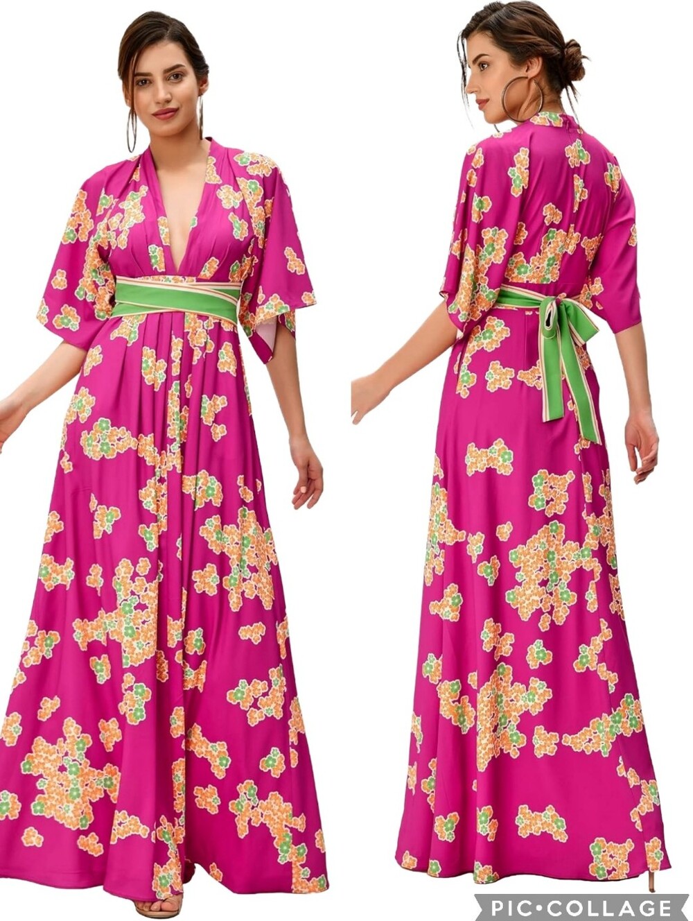 Wayward Fancies eShakti Plunge Floral Print Crepe Maxi Dress Size L 12 Colorful